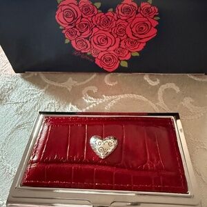 NEW BRIGHTON Card Holder-Red Leather & Silver- LOVE Heart